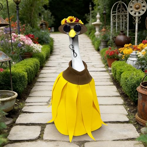 Porch Goose Statue,20" Large Resin Figurine Indoor & Outdoor Garden Decor | Goose Sculpture with Sunflower Banana Outfit & Sunglasses,Holiday Pool/Patio/Lawn Decoration Housewarming Gifts - style: banana skirt goose