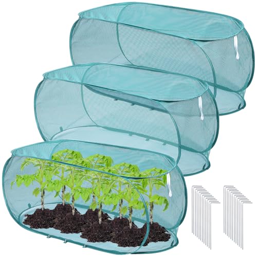 3 Pcs 39" x 18" x 16" Pop Up Garden Plants Cover with 24 Ground Nails, Mesh Netting Covers Net Cage Guard Protector for Protecting Plant Vegetable Fruit Flowers Seedlings Herbs from Birds Animals