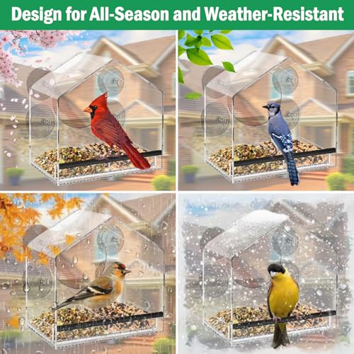 Clear Acrylic Window Bird Feeder with Strong Suction Cups | Extra deep 4.35" removeble tray, 2.36" heavy duty suction cup, bird feeder for window viewing, fits finches, cardinals - color: Black