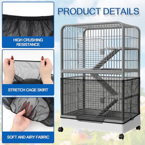 Large Bird Cage Cover, Breathable Nylon Mesh Seed Catcher with Adjustable Elastic Skirt, Black Birdcage Cover for Parrot Parakeet Cockatiel Cages (13.8x78.8-90.6 Inch)