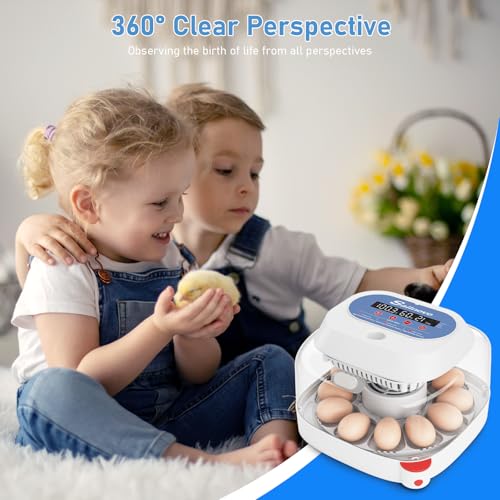 Sailnovo 12 Egg Incubator with Automatic Egg Turning & Temperature Control | Manual & Preset Modes,Built-in Candler,360°View Window,Humidity Display,Chicken Duck Quail Eggs Home Classroom Lab