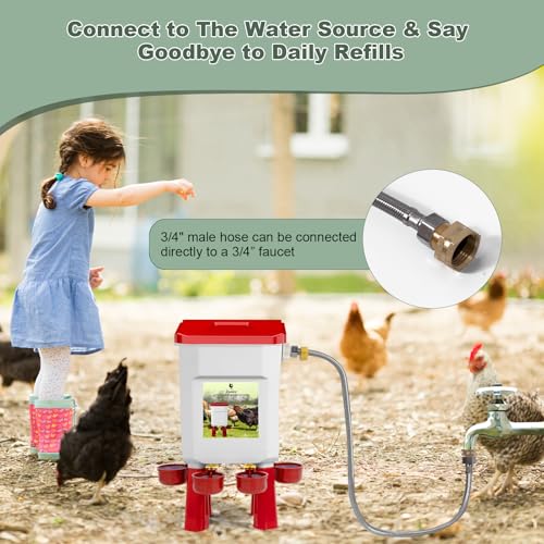 Automatic Chicken Waterer, Float-Controlled Chicken Water Feeder, Large Watering System with 60 Inch Water Hose (One End 3/4''), Poultry Waterer for Duck Quail Turkey Chick (2 Gallons, Red) - color: Red