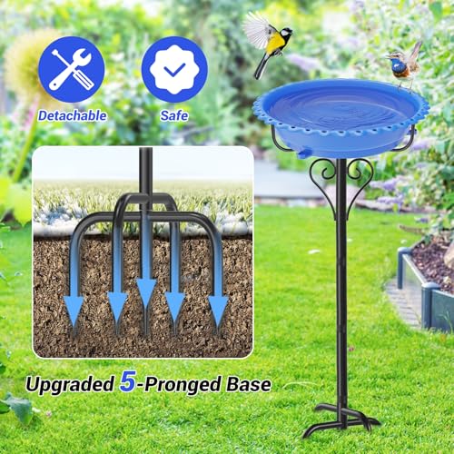 Bird Bath for Outside,12" Plastic Removable Bowl,Blue | Heavy Duty Metal 5 Prongs Base,Easy CLean,Weather-Resistant,Rust-Proof,40" Freestanding Birdbath for Garden Patio Yard Lawn - color: Blue-Freestanding
