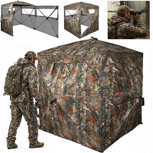 Hunting Blind See Through, Pop Up Ground Deer Blind, Large Door | 270/288/360 Degree See Thru, 1/2/3/4 Person Hunting Camouflage Tent, With/Without floor, Swing/Diamond/Horizontal Door Design - size: 2/3 Person/Double Door, style: 360°/Swing Door