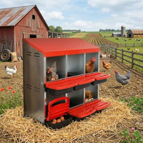 Chicken Nesting Boxes with Cleanable Pull-Out Trays - 6 Hole Metal Rollaway Nest Box for Laying Hens, Wall Mount or Placed Design for Easy Egg Collection & Cleaning - size: 6 holes