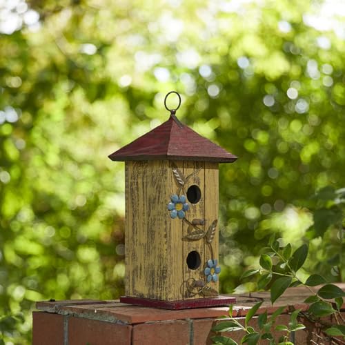 Glitzhome Bird Houses for Outside,11.75"H Solid Wood Hanging Birdhouse,Washed Yellow Distressed Decorative Outdoor Garden Birdhouses with 3D Metal Flower for Swallow Sparrow Hummingbird Finch Cardinal - color: 11.75"H
