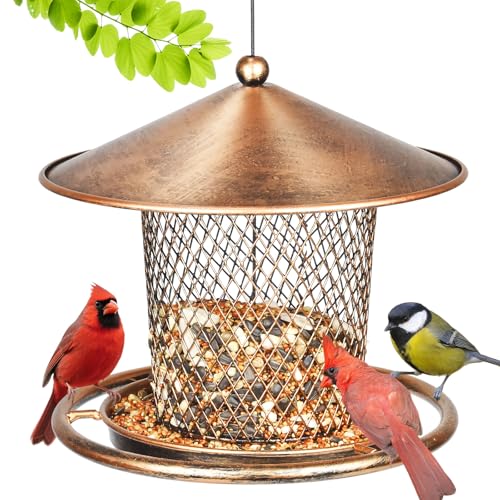 Bird Feeder, Weatherproof Wild Bird Feeders for Outdoors | Birds Feeding Station Metal Round Roof Birdfeeder for Garden Yard Outside Hanging Decor