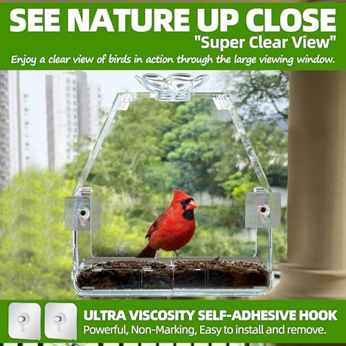 WENMIXER Window Bird Feeder with Non-Marking Self-Adhesive Hooks, Clear and Transparent, Outdoor Wild Bird Watching Gift, Garden Decor (with Large Window) - style: With Large Window