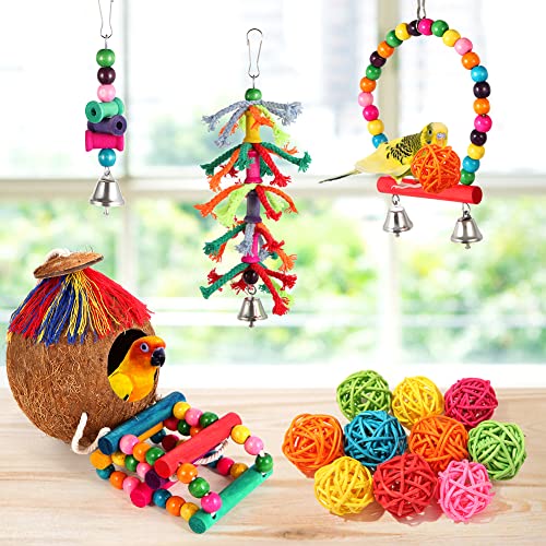 Parakeet Bird Parrot Toys Colorful Swing Chewing Hanging Toys with Bells Climbing Ladder Coconut Bird Cage for Small Cockatiels,Conures,Finches,Budgie,Macaws,Love Birds (PET-ONLY USE)