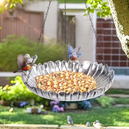 Hanging Bird Bath Outdoors Metal Bird Baths Feeder for Garden Decor | 11.6 Inch Hanging Bird Baths Flower Shape Silver Birdbath Bird Feeder Bowl for Outside, Garden, Lawn Yard Decor