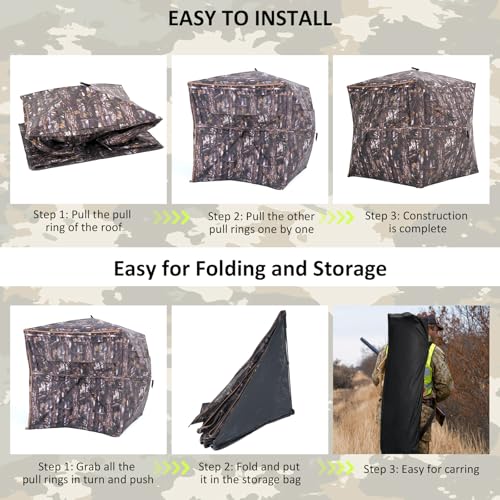 Portable Hunting Blind 360° Degree See Through with Carrying Bag, 2-3 Person Pop Up Ground Blinds with Silent Zipper Door & Sliding Windows, Resilience Tent for Deer & Turkey Hunting - color: Dark Woodland Camouflage