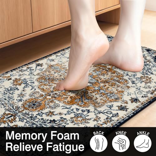 Boho Kitchen Mats, 2PCs, 17.3"x47"+17.3"x29", Dark Blue & Orange | Country Rustic Farmhouse Kitchen Rugs Decor Anti Fatigue, Non Slip Comfort Washable Waterproof, for Home, Sink, Laundry - color: Dark Blue