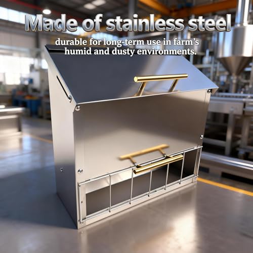Stainless Steel Poultry Feeder 20Lbs - Manual Feed Quantity Control & Wall Mount Gravity Feeder with Push Pull Lid - Food Dispenser for Chickens Ducks Geese