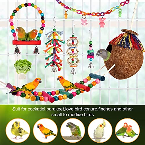 Parakeet Bird Parrot Toys Colorful Swing Chewing Hanging Toys with Bells Climbing Ladder Coconut Bird Cage for Small Cockatiels,Conures,Finches,Budgie,Macaws,Love Birds (PET-ONLY USE)