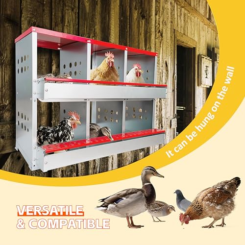 6-Compartment Roll Away Chicken Nesting Box for Hens, 32.6 Inch | Metal build, Egg collection tray, Perch, Protective lid, Wall mount, Freestanding setup, Ducks, Backyard coop, Barn supply - size: 32.6"L x 16.9"W x 24.4"H