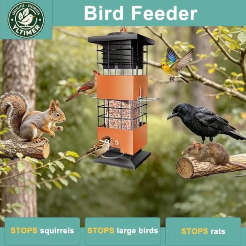 Squirrel Proof Bird Feeder,3.5Lb,4 Ports,Weight Activated,Easy Refill | Weight-Activated Shutoff Blocks Squirrels & Pigeons.Chew-Proof Build For All Weather.Large Capacity,Fast Refilling & Cleaning - color: Brown
