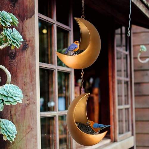 Double Hanging Moon Bird Feeder – Unique Metal Bird Feeders for Outdoors, Antique Gold, Rust-Resistant, Drain Holes – Wild Bird Feeder for Bluebirds, Cardinals, Finches, and Backyard Birdwatching
