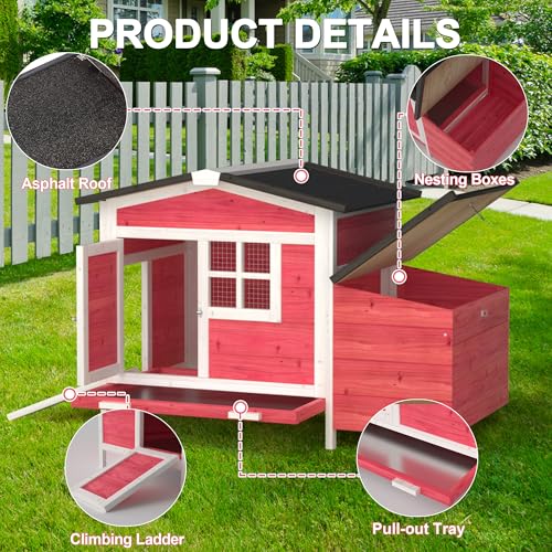 GOJOOASIS Chicken Coop w/Nesting Box Outdoor Wooden Raised Hen House | Small Chicken House for 2 Chickens, Poultry Cage with Removable Tray, Ramp, Backyard Coop with Window, Red - size: F