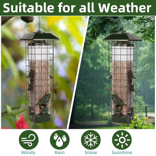 Squirrel Proof Bird Feeder, Metal Mesh Bird Feeder for Outside, Large Capacity and 4 Ports Perches (Green) - color: Green