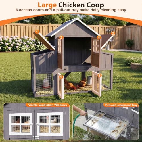 Large Chicken Coop for 6-10 Chickens, Outdoor Predator Proof Wooden Hen House Design with 2 Nesting Boxes and Weatherproof Roof, Easy to Clean Poultry Cage for Outsides - color: Grey(69.5"L x 31.5"W x 59.1"H)