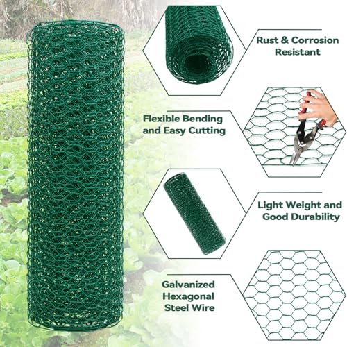 15.7” x 157” Chicken Wire for Floral Arrangements, 0.6” Hexagonal PVC Coated Galvanized Chicken Wire Mesh, Green Lightweight Fencing Wire for Garden