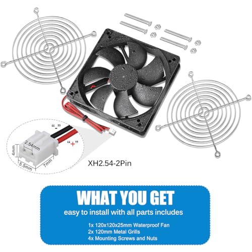 GDSTIME 120mm x 25mm 12V DC IP67 Waterproof Fan 2Pin Dual Ball High Speed | Brushless, Replacement for RV Fridge, Ice Maker, Wine Cooler, Mini Greenhouse, Outdoor Cabinet Cooling -120x120x25mm, 2500RPM - size: 120x25mm