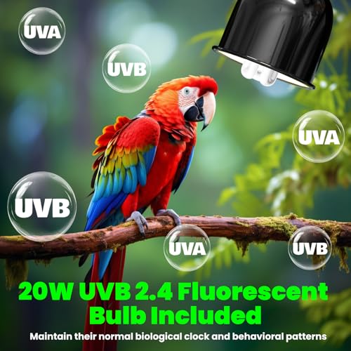 GlowUp Bird Cage Light Fixture Combo Kit, Deep Dome Lampshade with 2.4% UVB Bulb 20W, Bird Light for Captive Birds, Reptiles - size: 20W UVB 2.4 Combo Kit