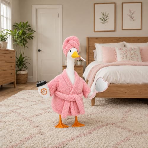 Old Lady Porch Goose Outfits 23 in Bathrobe Lawn Goose Costume Set Pink | 23 Inch, for Porch Goose Cement or Plastic Statue, with Shower Cap Coffee Cup Mirror , Lawn Yard Garden Patio Decor - style: Bathrobe light pink