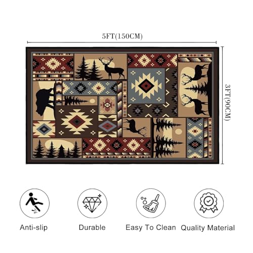 Rustic Rug for Bedroom,Cabin Wildlife Area Rug 3x5 Throw Carpet,Buffalo Plaid Bear Moose Deer Country,Ultra-Thin Washable Kitchen Rugs Indoor Entryway Rug Non Slip Floor Carpets for Living Room,Office - size: 3'x5'