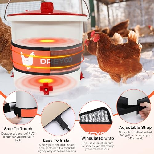 Dreyoo Thermo Bucket Belt with Insulated Wrap, Fits 2-5 Gallon Chicken Waterer, Auto-Thermostatic Chicken Waterer Heater with 5.9ft Power Cord, Energy-Efficient & Durable, Safe to -10°F