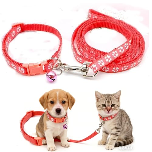 Puppy Collar and Lead Sets, Dog Collar with Bells for Small Dogs Pawprint Adjustable Cat Collar with Bell for Tiny Little XXS XS Extra Small Breed Pets Dogs Kittens Girls Female - color: watermelon