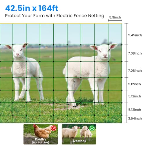 Electric Fence Netting, 42.5" H x 164'L, for Livestock, Cattle, Sheep, Goat | Electric Netting Fence, Pre-Assembled, 14 Posts Double Spiked, Portable Livestock Nets Used in Backyards, Farms and Ranches - size: 42.5" H x 164'L Livestock