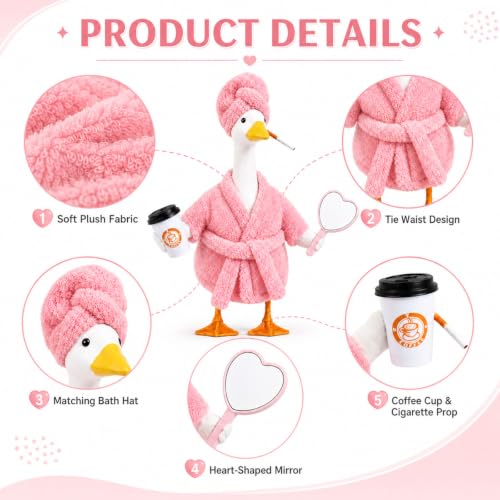Old Lady Porch Goose Outfits 23 in Bathrobe Lawn Goose Costume Set Pink | 23 Inch, for Porch Goose Cement or Plastic Statue, with Shower Cap Coffee Cup Mirror , Lawn Yard Garden Patio Decor - style: Bathrobe light pink