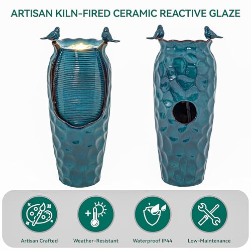 Autodaya 33" Vase Ceramic Outdoor Water Fountain with Lights and Birds | teal blue glazed water feature with textured design, ambient soothing cascading water flow for garden patio yard sanctuary - color: 33"h-birds Jar Turquoise Glaze