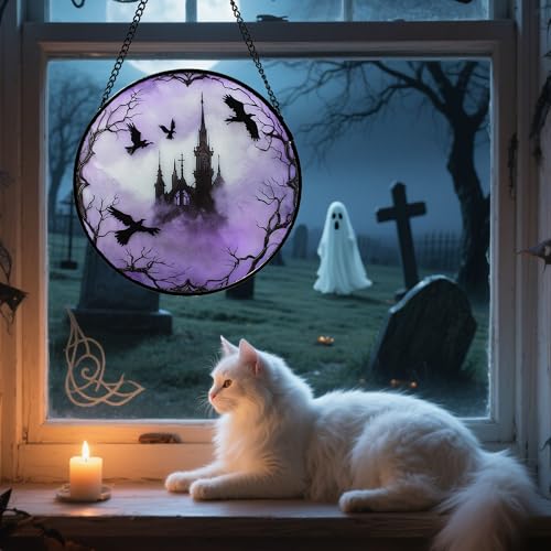 Stained Glass Window Hanging - Halloween Gothic Castle Purple Smoke Suncatcher for Doors Garden Home Spooky Crow Sun Catchers Gothic Decor Horror Gift for Women Men Friend Boy Girl 9.8 in - color: Purple and Black, size: 9.8x9.8 IN