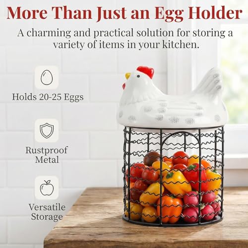 Hiceeden Metal Wire Chicken Egg Storage Basket, Decorative Fresh Egg Holder with Ceramic Chicken Design Lid, Portable Round Collectiong Basket for Kitchen Supplies, Pantry
