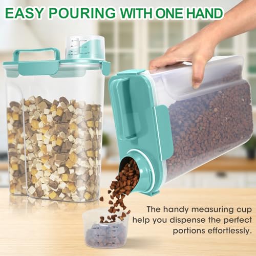 Pet Dog Cat Food Storage Container 5 to 7 lbs with Can Cover and Mixing Spoon, Airtight Travel Pet Food Storage Dispenser with Easy-pouring Spout & Cup, Kibble Dog Treat Bird Seed Container -Cyan - color: Cyan 6Qt