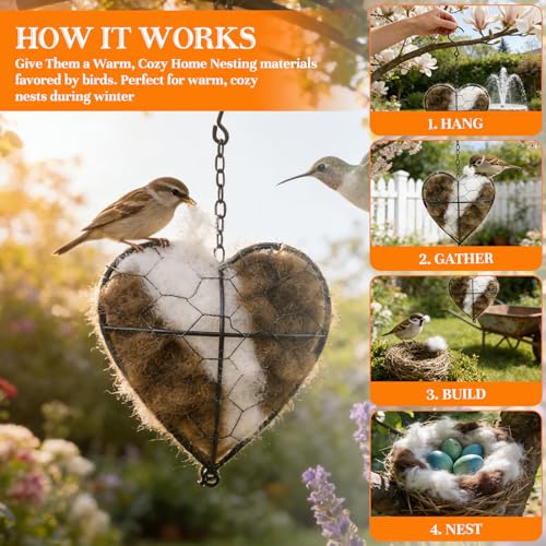 Handmade Alpaca Fiber Bird Nesting Heart, Birds Nests Material Holder, Hummingbird Houses Nest Boxes, Winter Tree Shelter for Wild Birds, Gifts for Outside Garden Art Birdhouse, Birds Lovers (1)