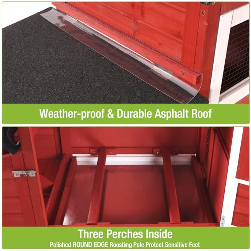 GUTINNEEN Chicken Coop Mobile Hen House On Wheels Easy to Move Wooden Poultry Cage with Nesting Box,Opening Wire Netting Roof,Red - color: Red