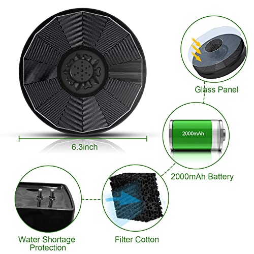 Yzert Solar Fountain with 2000 mAh Battery Backup Works in Cloudy, Glass Solar Powered Bird Bath Fountains with 7 Nozzles, 3.5 W Solar Fountain Pump for Birdbath,Garden, Outdoor, Pond