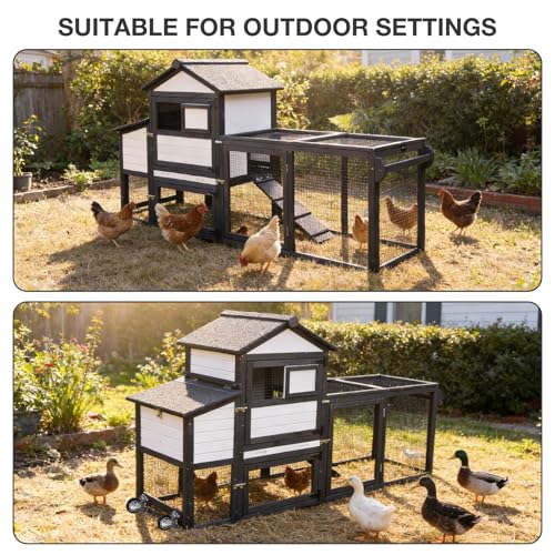 Large Chicken Coop, 80.7" Outdoor Wooden Hen House with Run, Ramp & Leakproof Pull-Out Tray, Weatherproof Design, for 3-5 Chickens - Black - color: Black (AIR72-B)