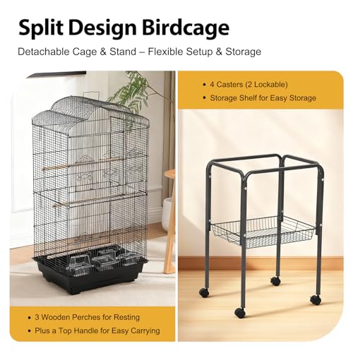 60" Large Bird Cage, Heavy-Duty Metal Flight Cage with Rolling Stand, Play Top, Removable Tray & Food Bowls, Easy Clean Non-Toxic Coating Birdcage for Parakeets, Cockatiels, Conures, Parrots - size: 60.24 Inches