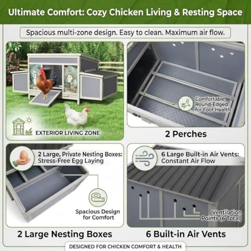 COZIWOW Chicken Coop with Nesting Boxes & Perches 59'' Large Poultry Hutch | 4 Openable Doors, Fresh Air Ventilation, Weatherproof Wooden Hen House with Pull-Out Tray, Cage for Chickens, Ducks & Rabbits