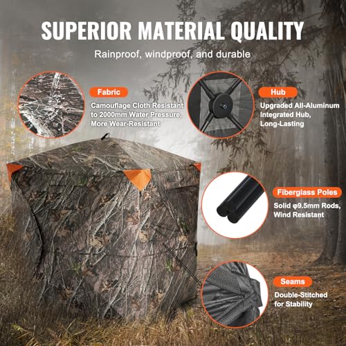 VEVOR Hunting Blind，See Through Ground Blinds with Carrying Bag, 360 Degree Portable Camouflage Tent，Durable Concealed Shelter with Silent Side Door and Window, for Turkey and Deer - size: 2-3 Person