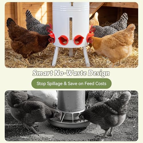 KOL 50 LB Chicken Feeder & 3 Gallon Chicken Waterer Set, All-Metal No-Waste Poultry Feeder & Automatic Gravity Waterer with 8 Ports & 8 Cups Chicken Coop Accessories