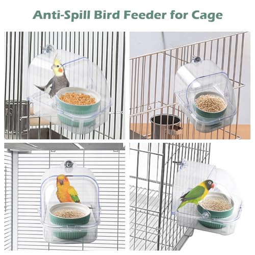 Bird Cage Feeder with Ceramic Bowl,2 in 1 No Mess Bird Feeder and Transparent Parakeet Bathtub with Bottom Drawer Hanging Tube Shower Box for Birds Budgies Parakeet Small Parrot Cockatiels - color: 【Transparent】
