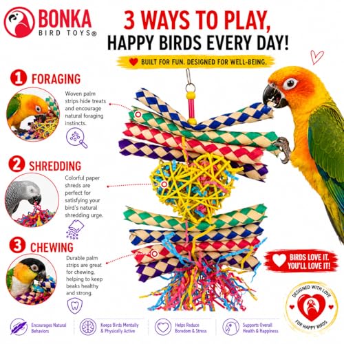 Bonka Bird Toys 1730 Foraging Valentine Heart Bird Toy for Medium Birds Shredding and Chewing Cage Toy Colorful Palm Leaf and Paper Foraging Toy 9" x 6" - color: Foraging Heart