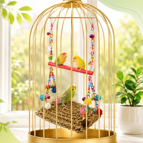 Bird Swing Mat with Wood Perch, AHIER Seagrass Bird Hammock for Conures with Chewing Toy for Parakeets, Budgie, Cockatiel Cage Accessories (Rose-Pink Pole) - color: Rose-Pink Pole