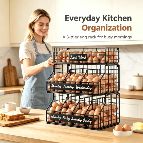 Egg Holder Countertop, 3 Tier Chicken Egg Basket for Gathering Fresh Eggs | Egg Storage Organizer with Adjustable 5 Dividers & Label, Stackable Wall Mounted Egg Collecting Basket Rack, Black - color: 3T Small Black