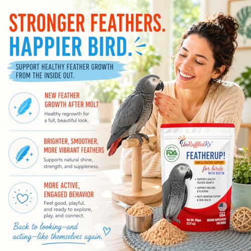 FeatherUp! Bird Molting Support & Feather Growth Supplement - for Plucking, Regrowth & Molt - Multivitamin & Amino Acids for All Birds - 90g (240 Servings)